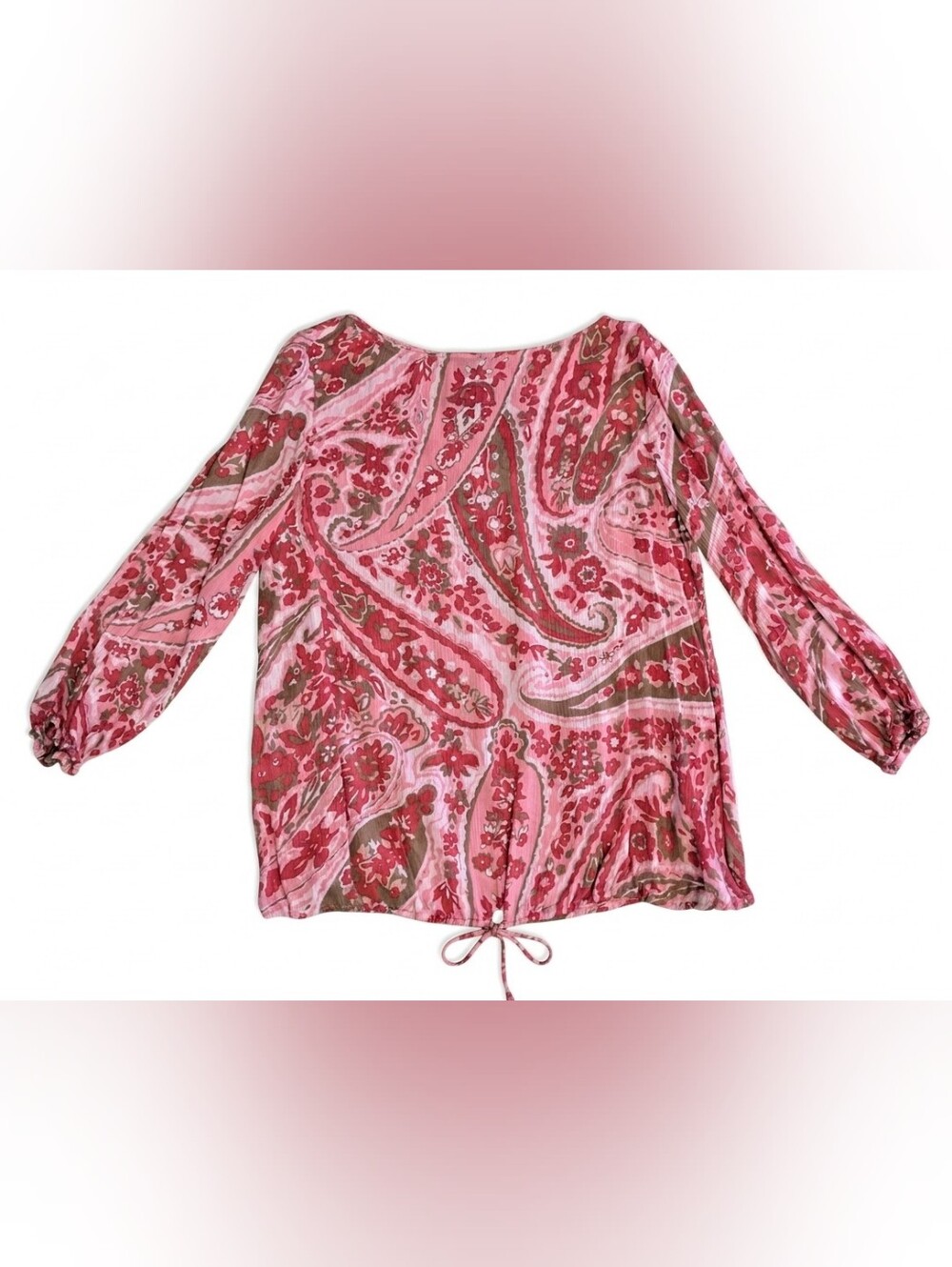 Talbots 100% Silk Paisley Blouse Top Sz 16 Pink Brown Boho Tie Neck Balloon